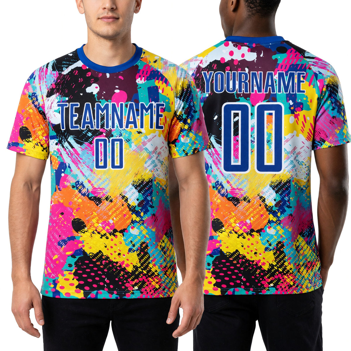 Custom Graffiti Pattern Royal-White Paint Splatter Sublimation Soccer Uniform Jersey worn front and back