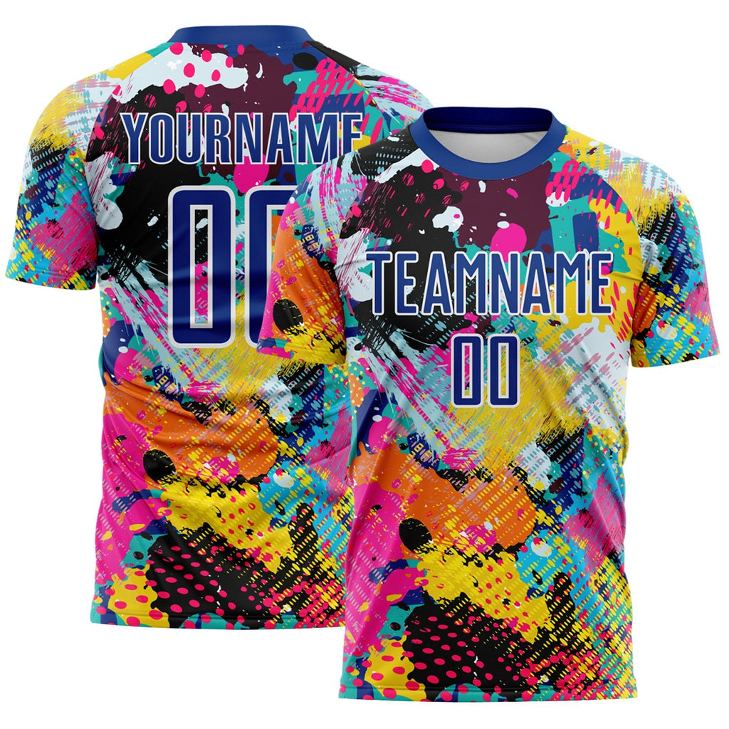 Custom Graffiti Pattern Royal-White Paint Splatter Sublimation Soccer Uniform Jersey
