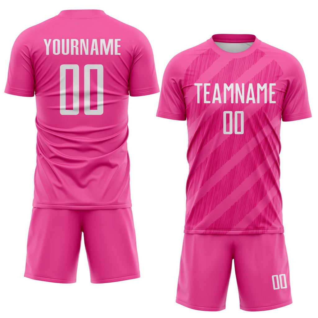 Custom Pink White-Hot Pink Diagonal Stripes Sublimation Soccer Uniform Jersey photo 2