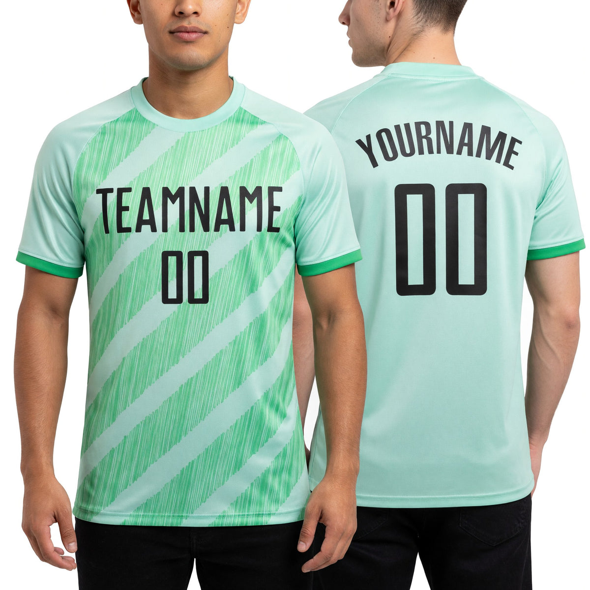 Custom Pea Green-Black Diagonal Stripes Sublimation Soccer Uniform Jersey worn front and back