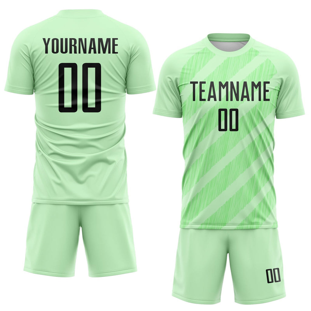 Custom Pea Green-Black Diagonal Stripes Sublimation Soccer Uniform Jersey photo 2