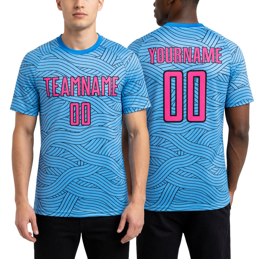 Custom Light Blue Pink-Black Abstract Wave Lines Interlocking Sublimation Soccer Uniform Jersey worn front and back