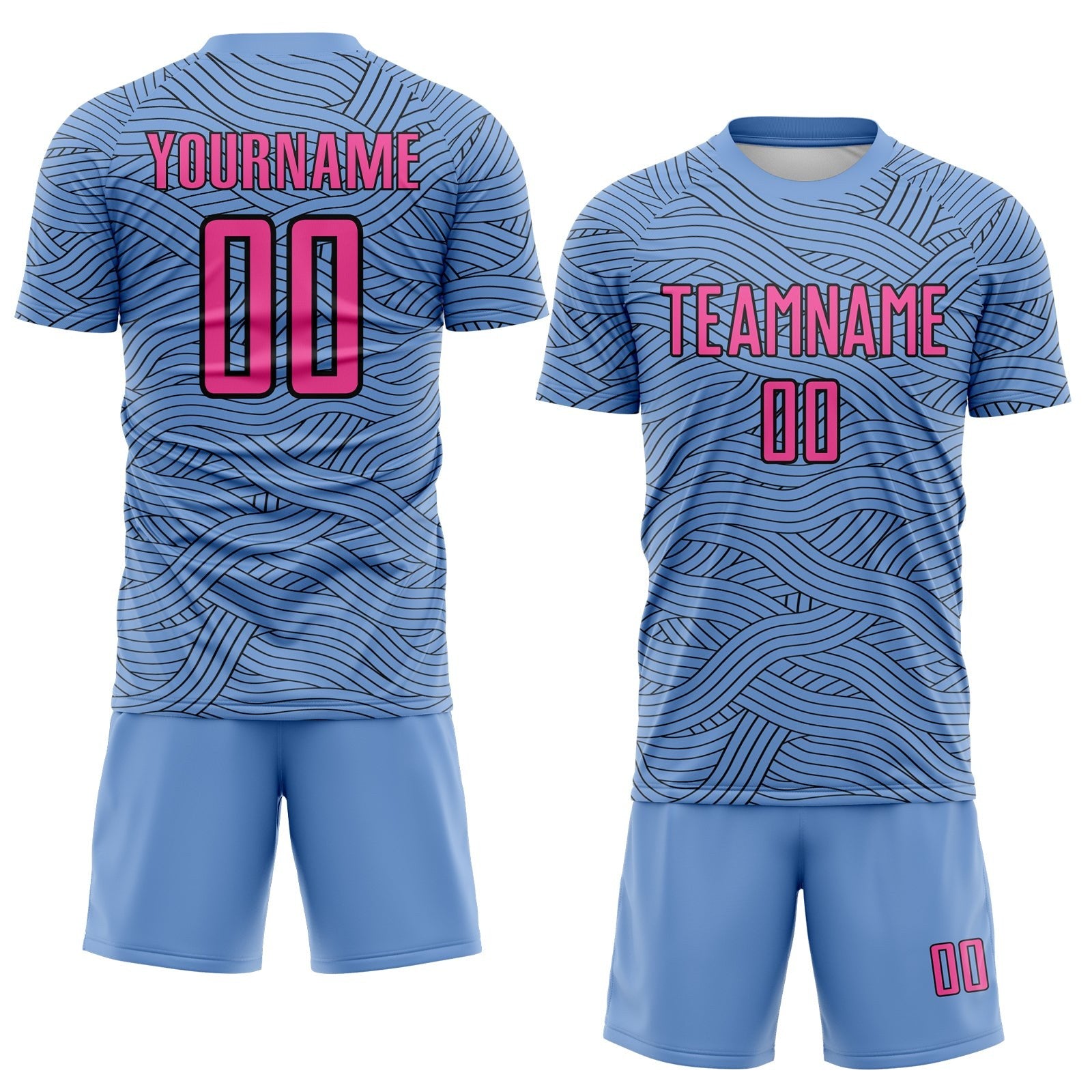 Custom Light Blue Pink-Black Abstract Wave Lines Interlocking Sublimation Soccer Uniform Jersey photo 2