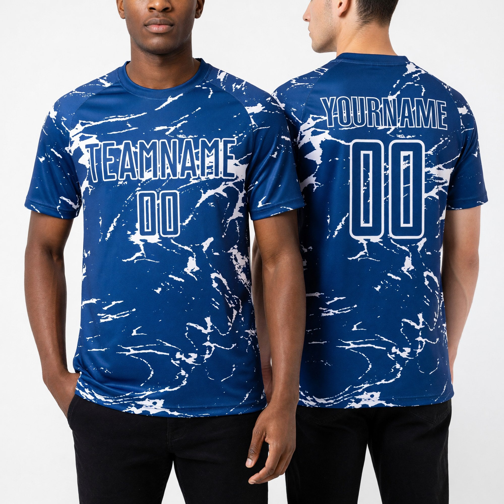Custom Royal-White Abstract Fluid Marble Sublimation Soccer Uniform Jersey worn front and back