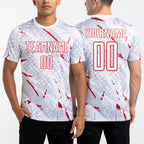 Custom White Red-Gray Brush Stroke Slashes And Dot Grid Sublimation Soccer Uniform Jersey worn front and back