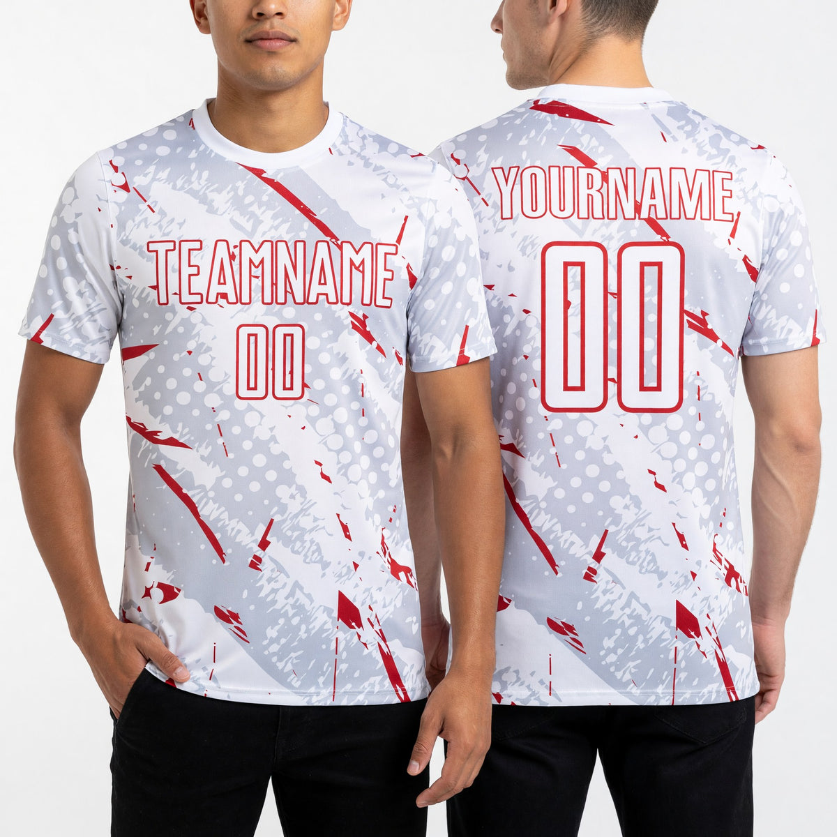 Custom White Red-Gray Brush Stroke Slashes And Dot Grid Sublimation Soccer Uniform Jersey worn front and back