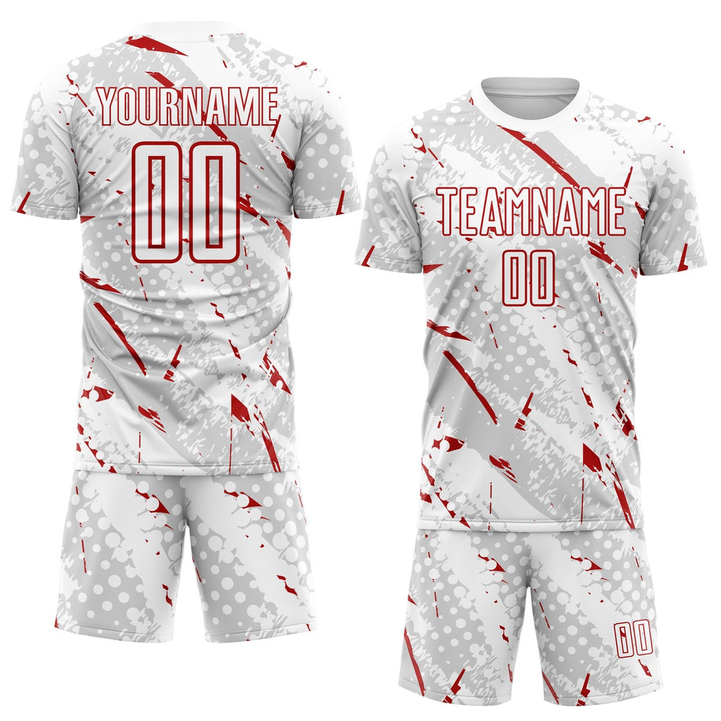 Custom White Red-Gray Brush Stroke Slashes And Dot Grid Sublimation Soccer Uniform Jersey photo 2