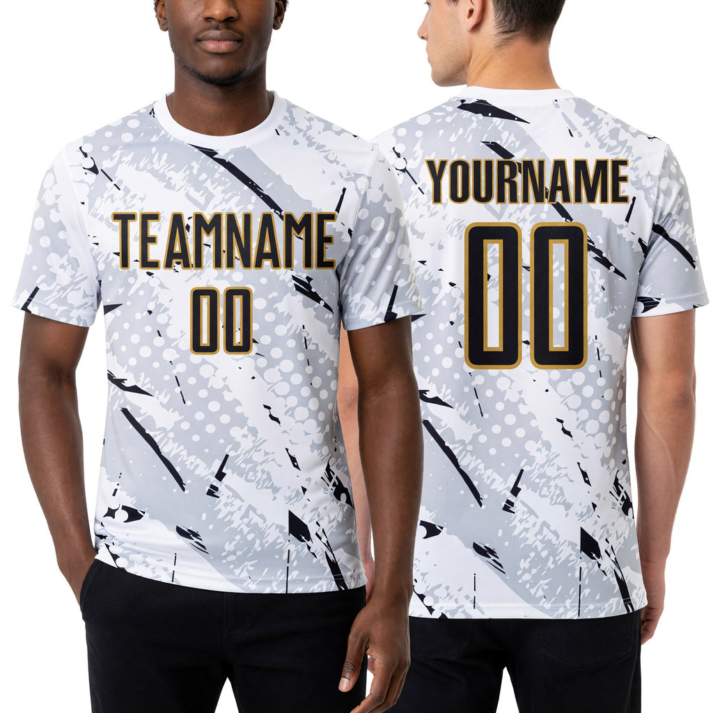 Custom White Black Gray-Old Gold Brush Stroke Slashes And Dot Grid Sublimation Soccer Uniform Jersey worn front and back