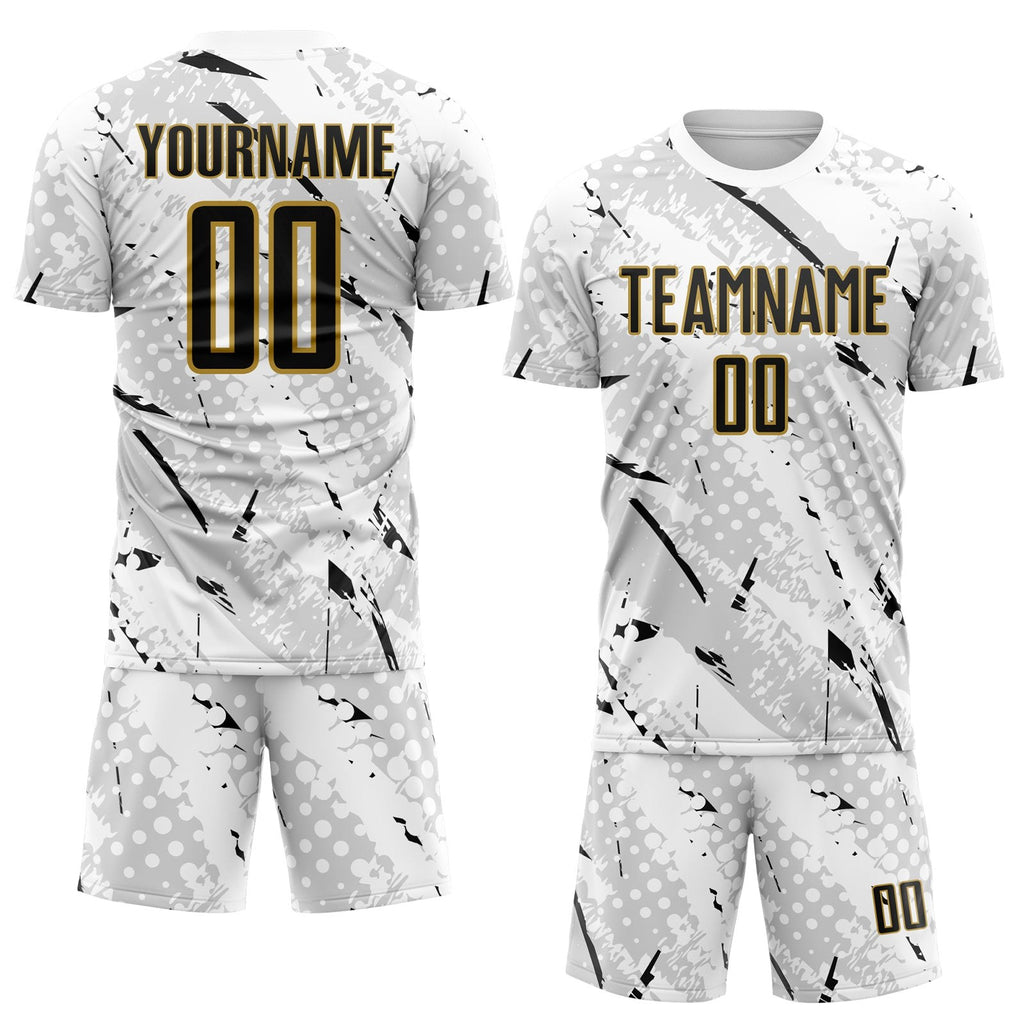 Custom White Black Gray-Old Gold Brush Stroke Slashes And Dot Grid Sublimation Soccer Uniform Jersey photo 2
