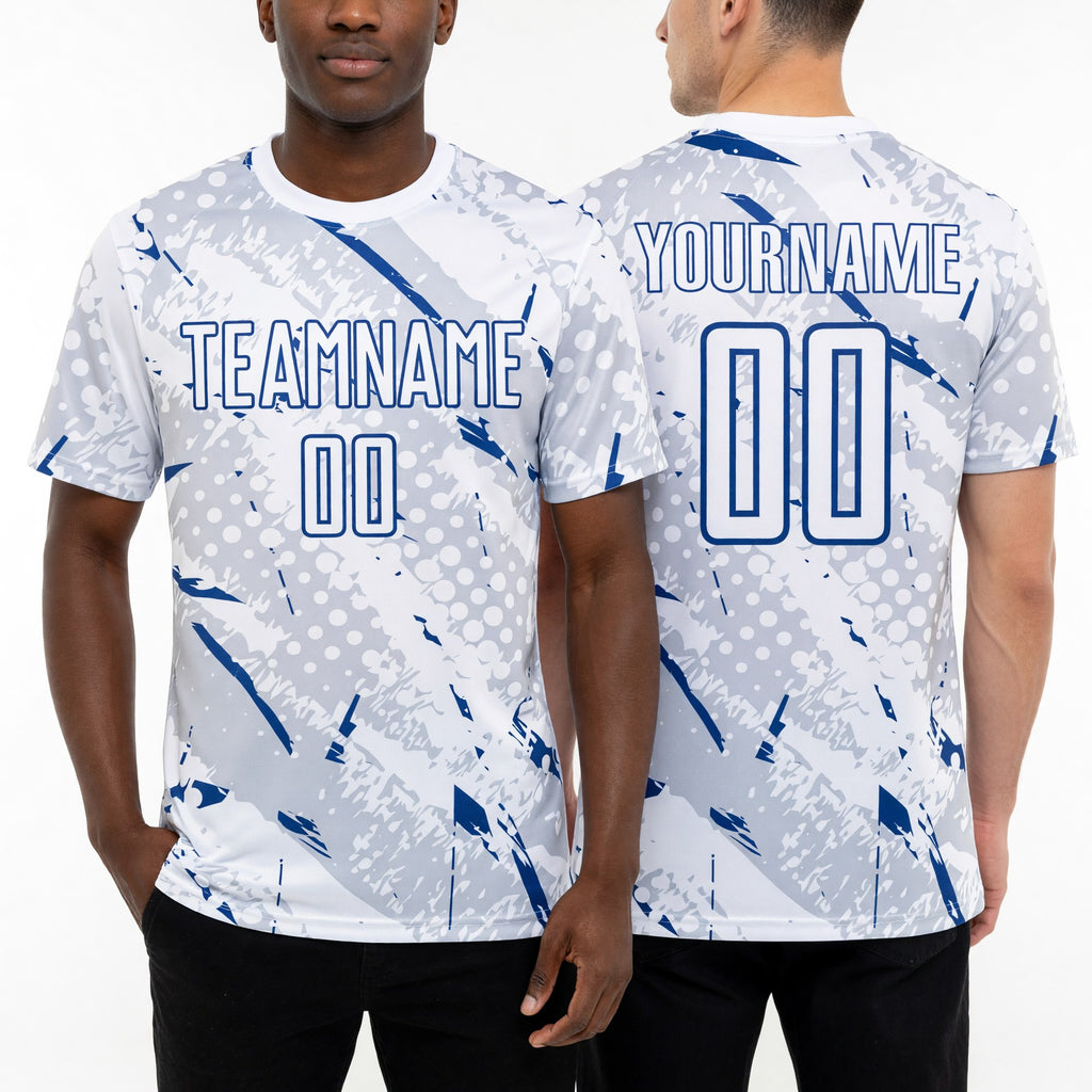 Custom White Royal-Gray Brush Stroke Slashes And Dot Grid Sublimation Soccer Uniform Jersey worn front and back