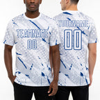Custom White Royal-Gray Brush Stroke Slashes And Dot Grid Sublimation Soccer Uniform Jersey worn front and back