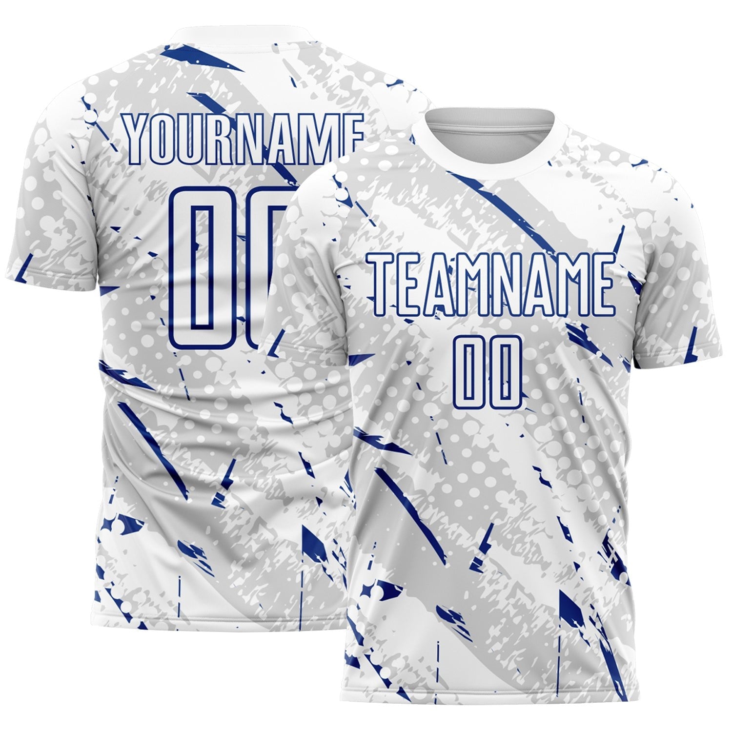 Custom White Royal-Gray Brush Stroke Slashes And Dot Grid Sublimation Soccer Uniform Jersey