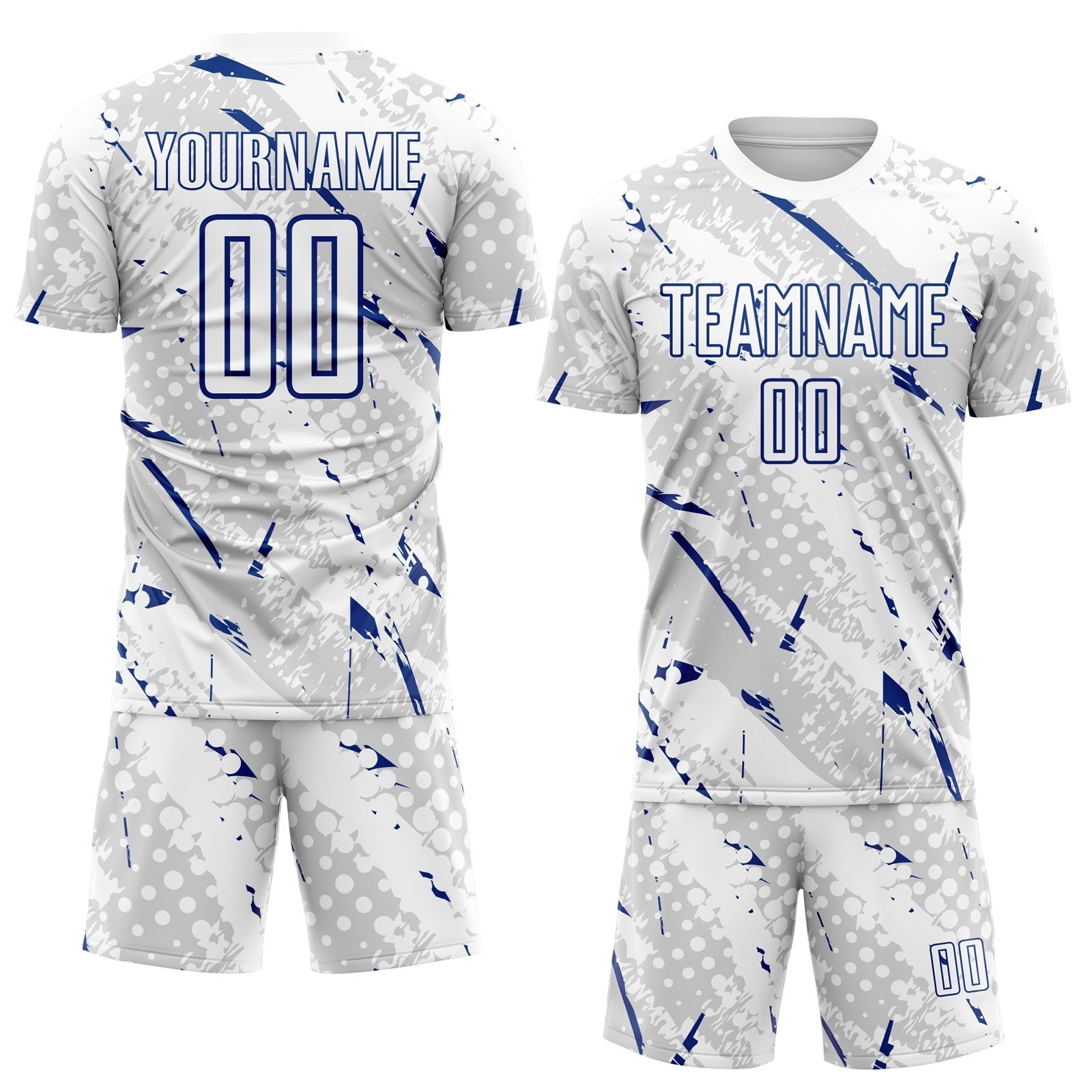 Custom White Royal-Gray Brush Stroke Slashes And Dot Grid Sublimation Soccer Uniform Jersey photo 2