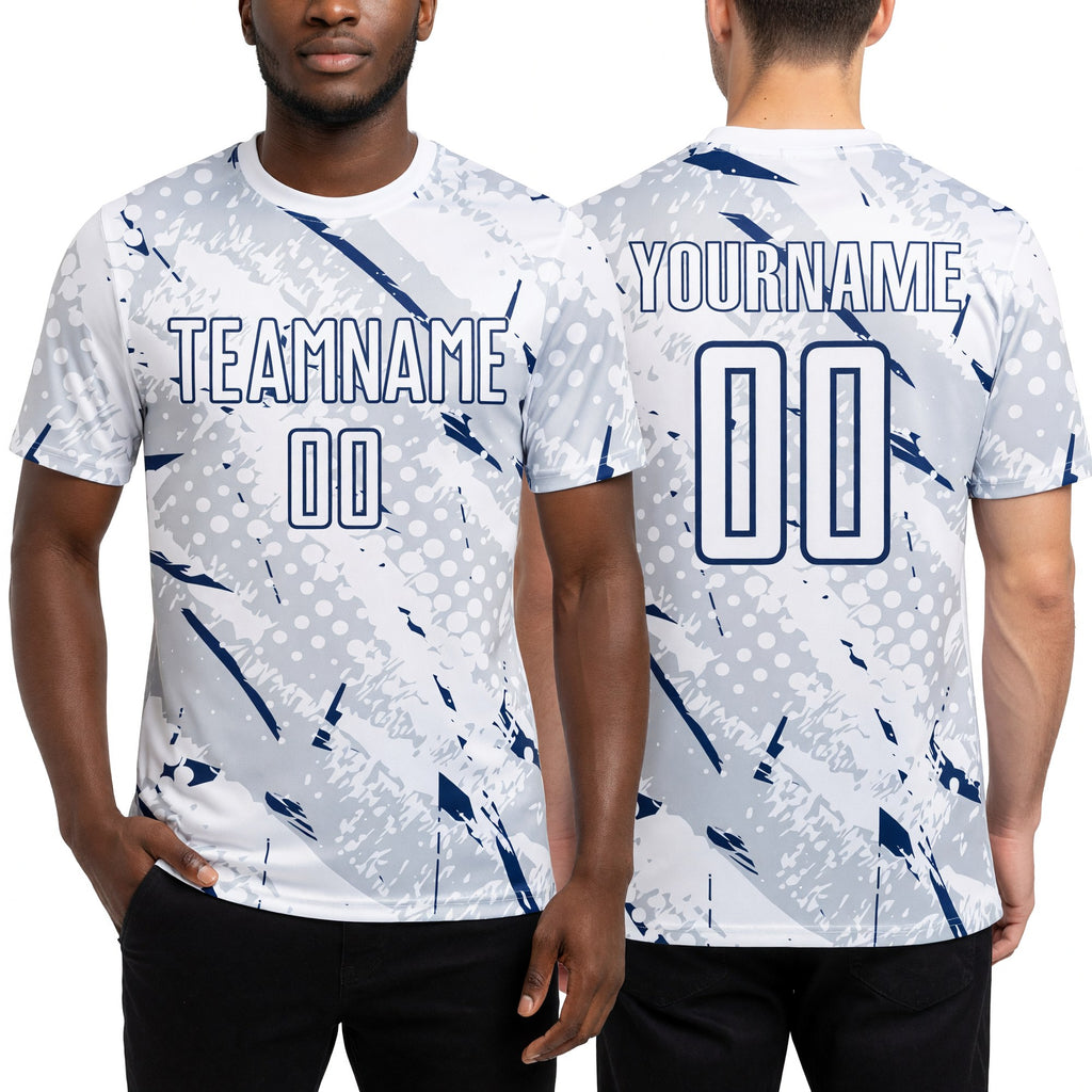 Custom White Navy-Gray Brush Stroke Slashes And Dot Grid Sublimation Soccer Uniform Jersey worn front and back