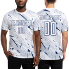Custom White Navy-Gray Brush Stroke Slashes And Dot Grid Sublimation Soccer Uniform Jersey worn front and back