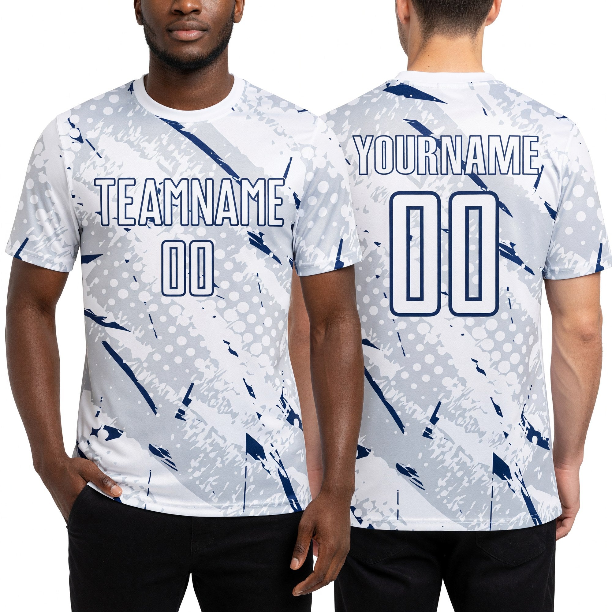 Custom White Navy-Gray Brush Stroke Slashes And Dot Grid Sublimation Soccer Uniform Jersey worn front and back