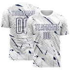 Custom White Navy-Gray Brush Stroke Slashes And Dot Grid Sublimation Soccer Uniform Jersey