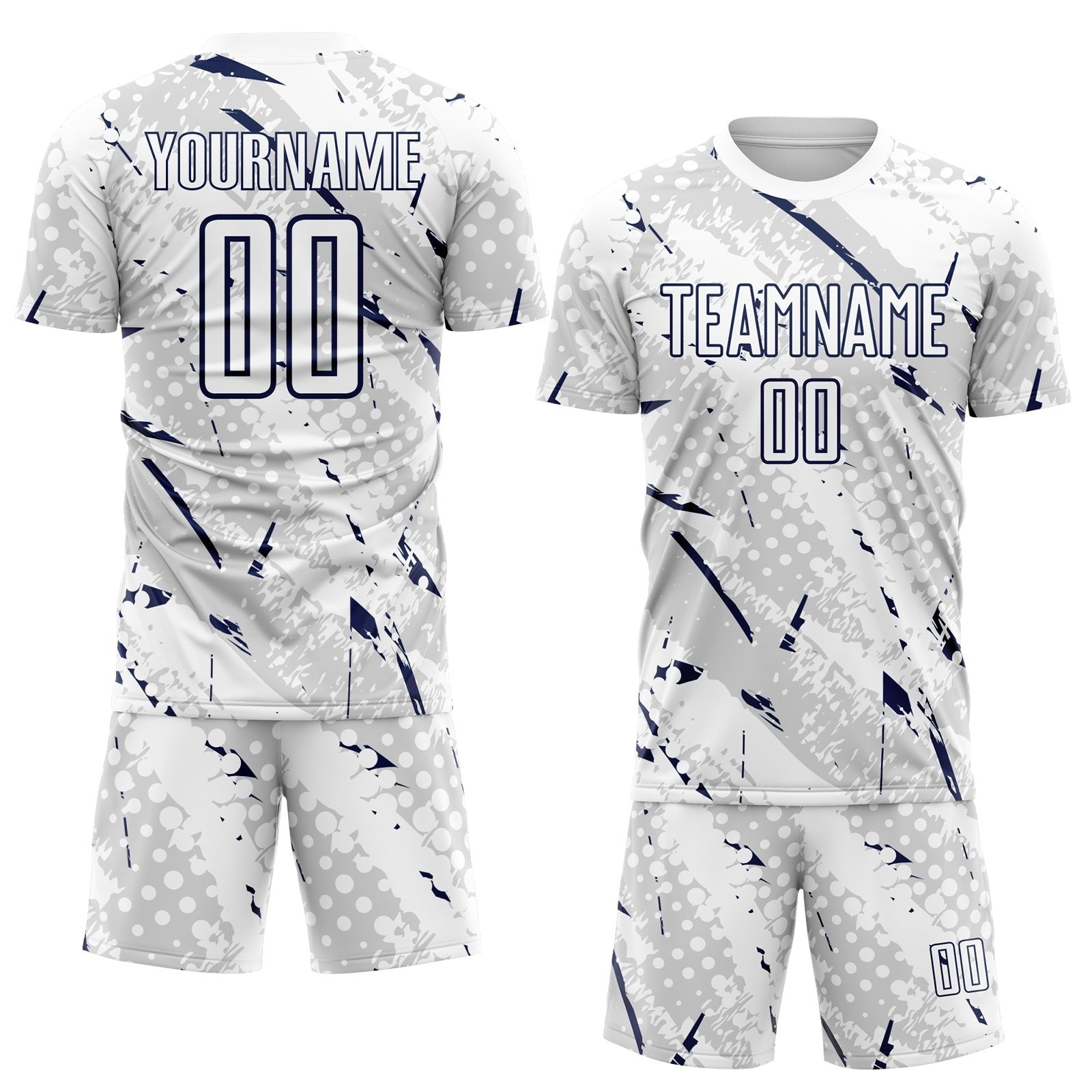 Custom White Navy-Gray Brush Stroke Slashes And Dot Grid Sublimation Soccer Uniform Jersey photo 2