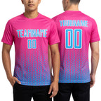 Custom Pink Sky Blue-White Geometric Hexagonal Dot Gradient Sublimation Soccer Uniform Jersey worn front and back