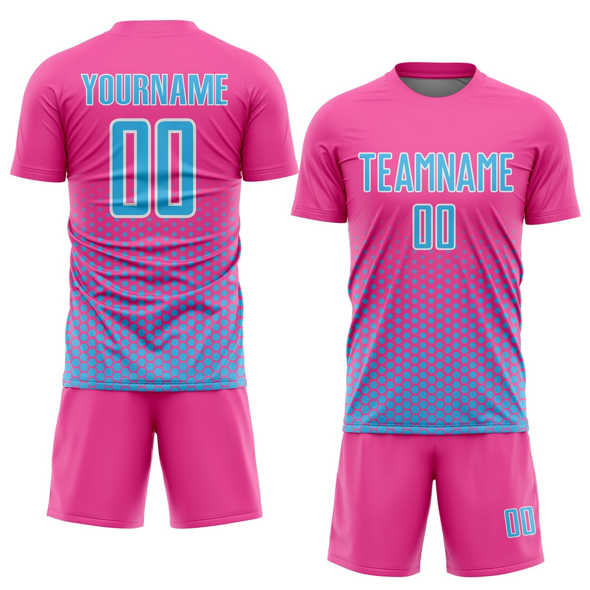 Custom Pink Sky Blue-White Geometric Hexagonal Dot Gradient Sublimation Soccer Uniform Jersey photo 2