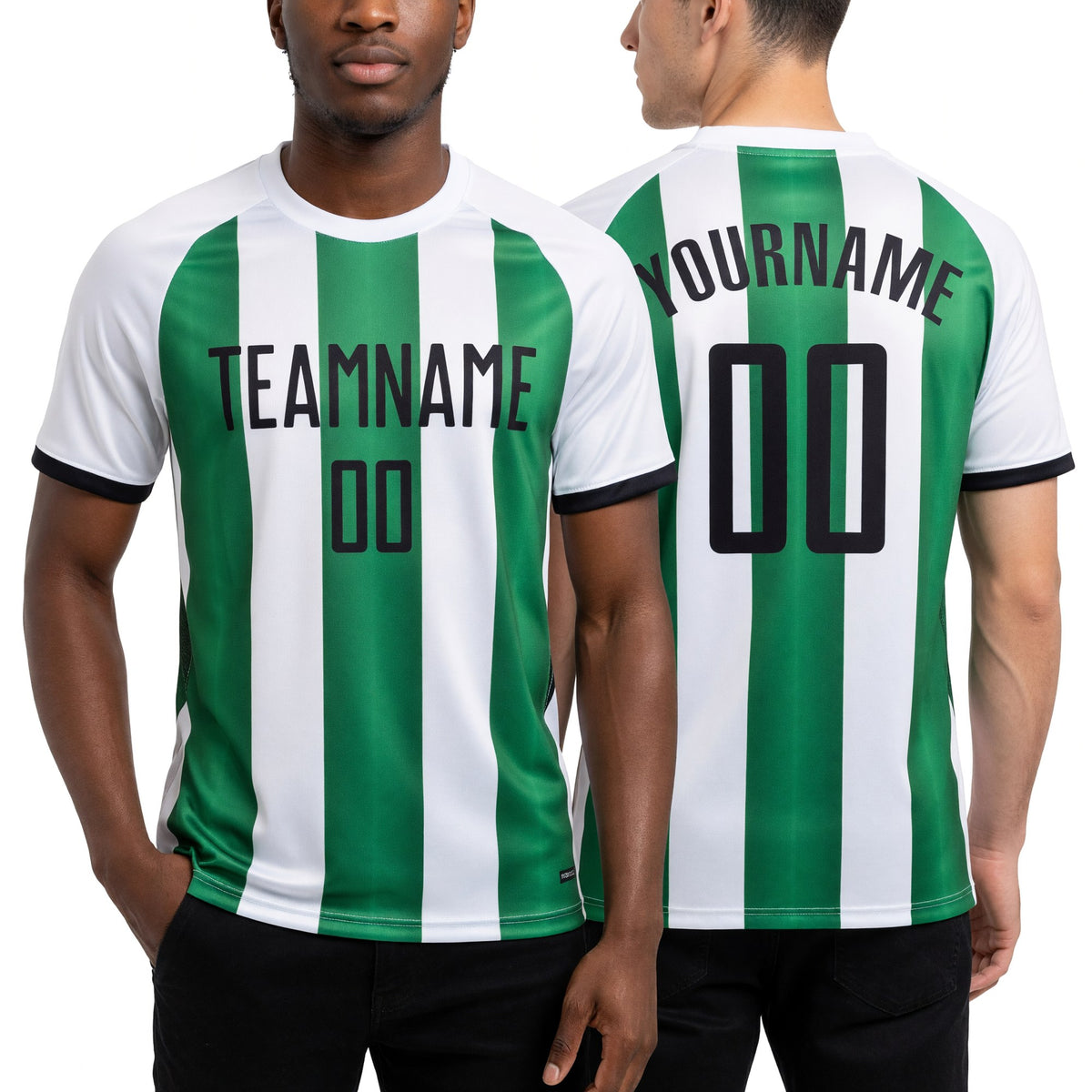 Custom White Black-Green Gradient Vertical Stripe Argentina Style Sublimation Soccer Uniform Jersey worn front and back