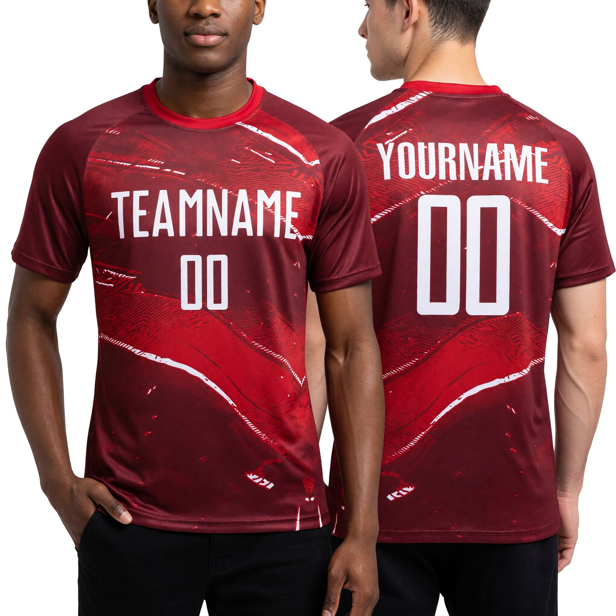 Custom Red-White Flowing Wave Sublimation Soccer Uniform Jersey worn front and back