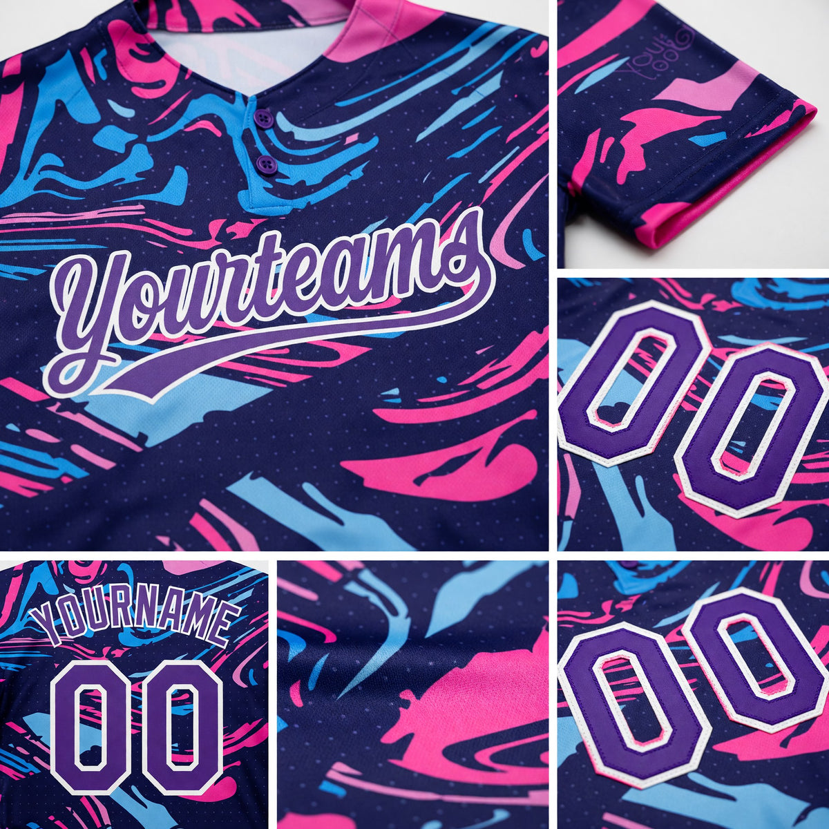 Custom Figure Purple Navy-Pink 3D Pattern Two-Button Unisex Softball Jersey detail