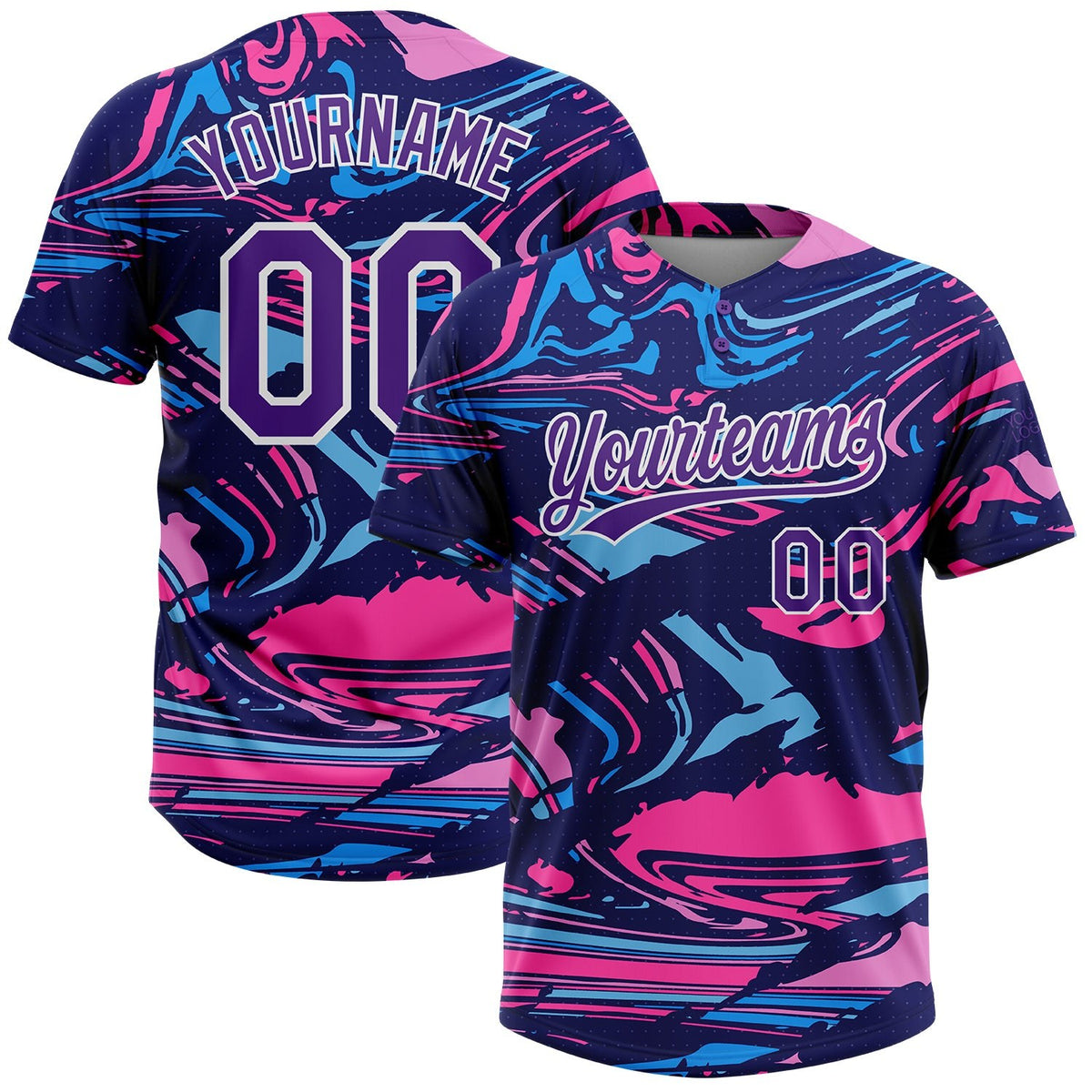 Custom Figure Purple Navy-Pink 3D Pattern Two-Button Unisex Softball Jersey photo 1