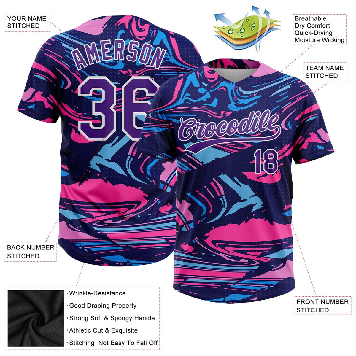 Custom Figure Purple Navy-Pink 3D Pattern Two-Button Unisex Softball Jersey photo 3