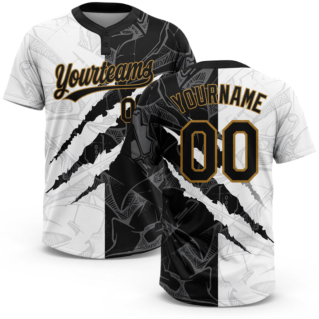 Custom Graffiti Pattern Black-Old Gold 3D Two-Button Unisex Softball Jersey