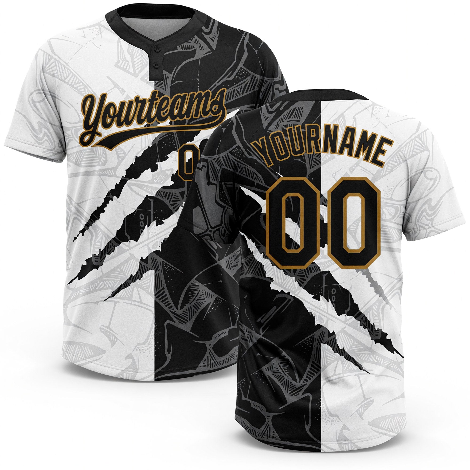 Custom Graffiti Pattern Black-Old Gold 3D Two-Button Unisex Softball Jersey