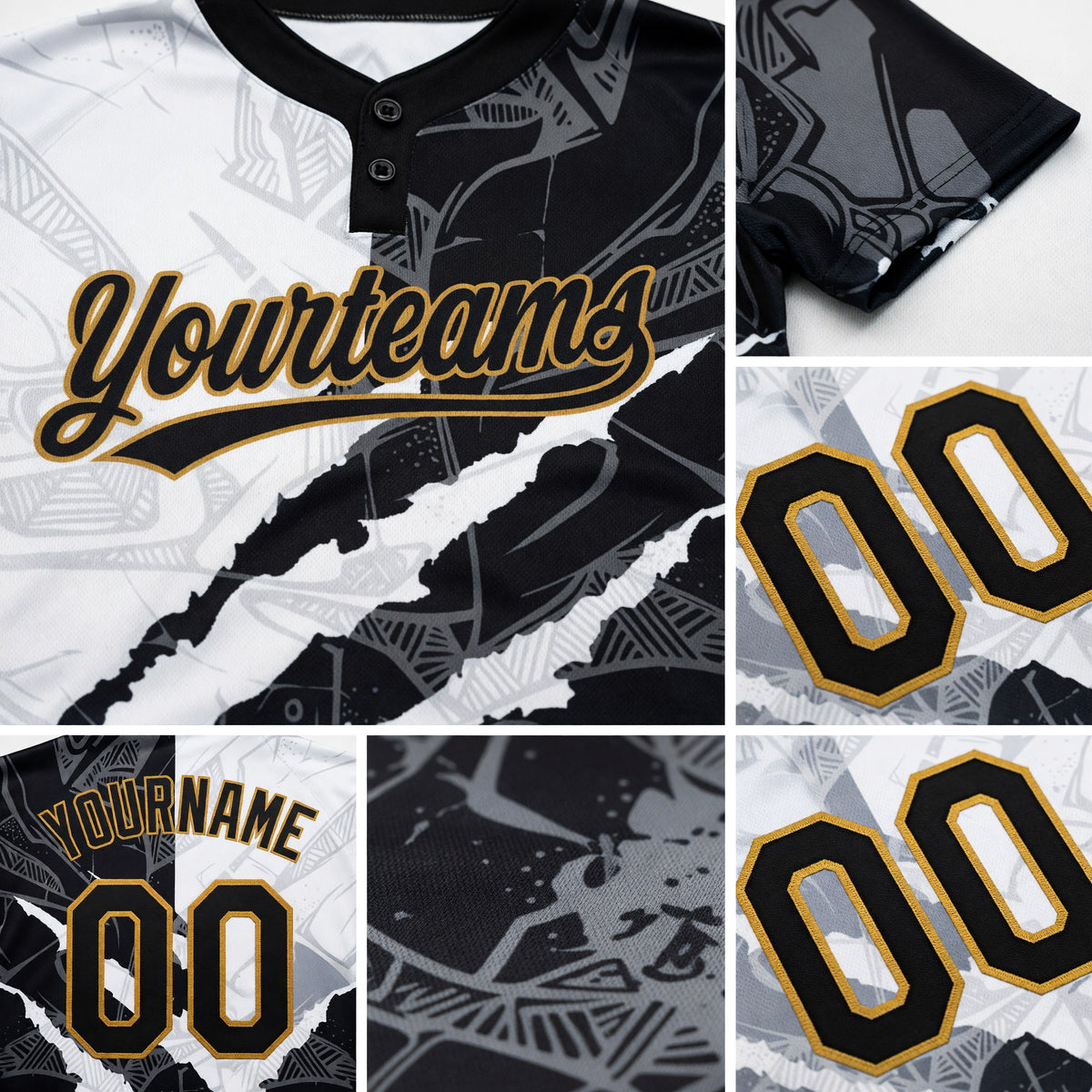 Custom Graffiti Pattern Black-Old Gold 3D Two-Button Unisex Softball Jersey detail