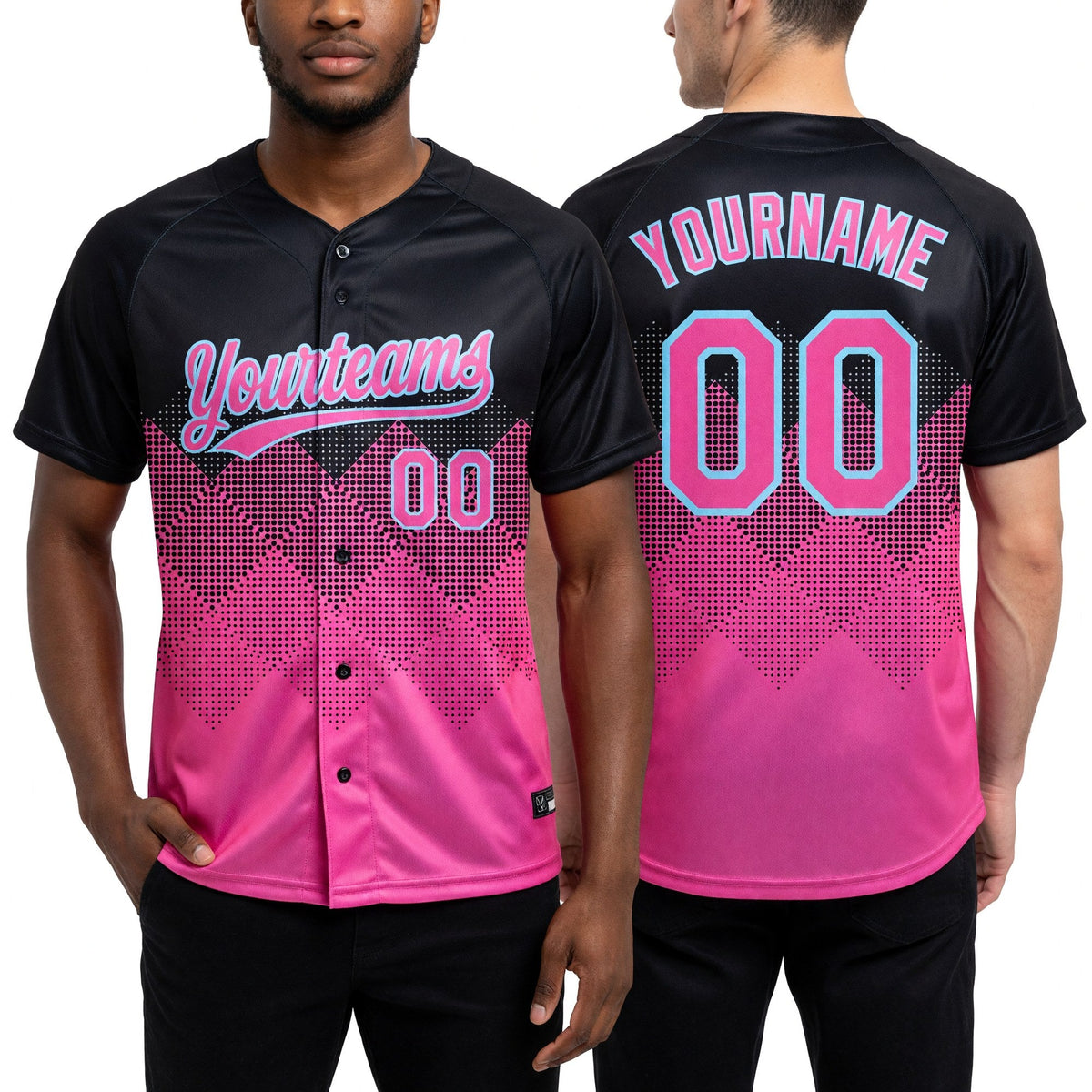 Custom Black Pink-Light Blue 3D Pattern Gradient Square Shapes Two-Button Unisex Softball Jersey worn front and back