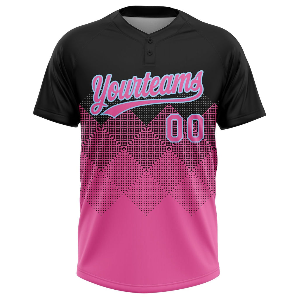 Custom Black Pink-Light Blue 3D Pattern Gradient Square Shapes Two-Button Unisex Softball Jersey photo 2