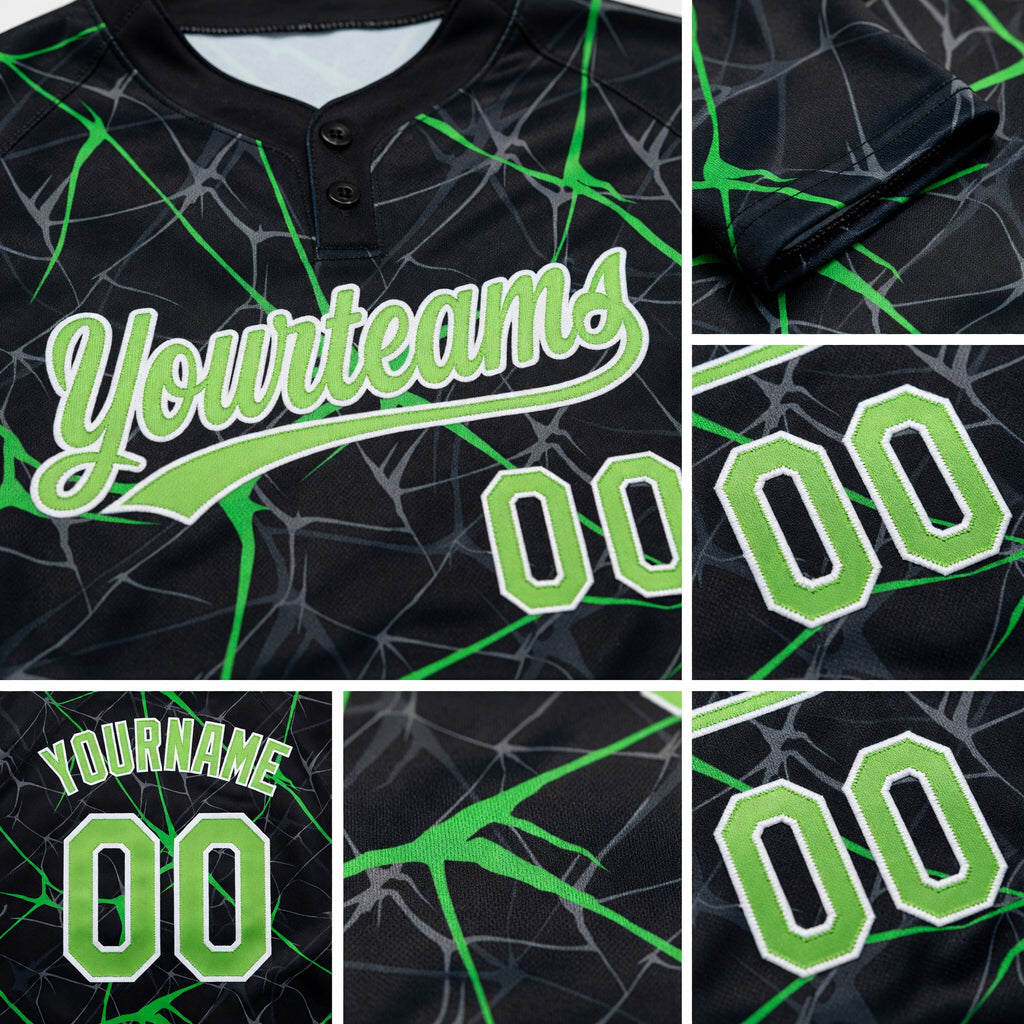 Custom Black Neon Green-Kelly Green 3D Pattern Two-Button Unisex Softball Jersey detail
