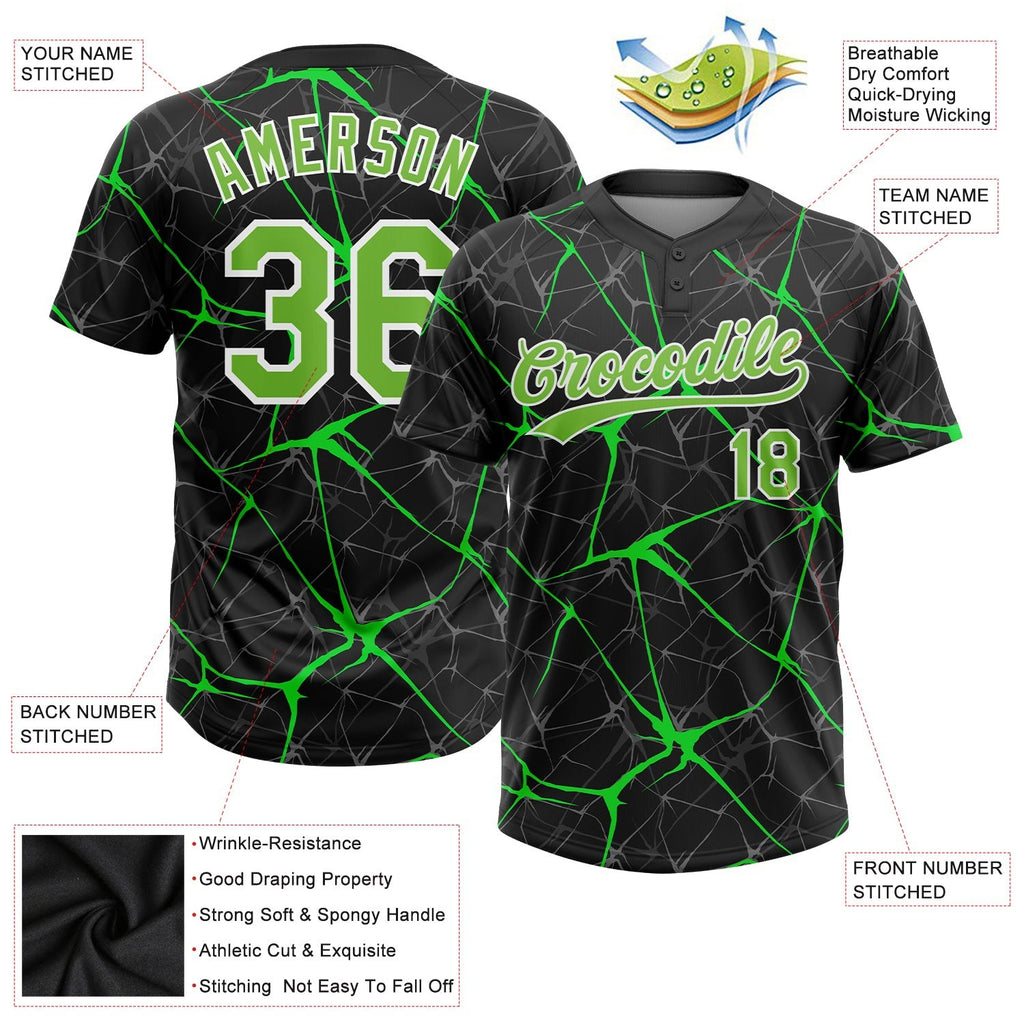 Custom Black Neon Green-Kelly Green 3D Pattern Two-Button Unisex Softball Jersey photo 3