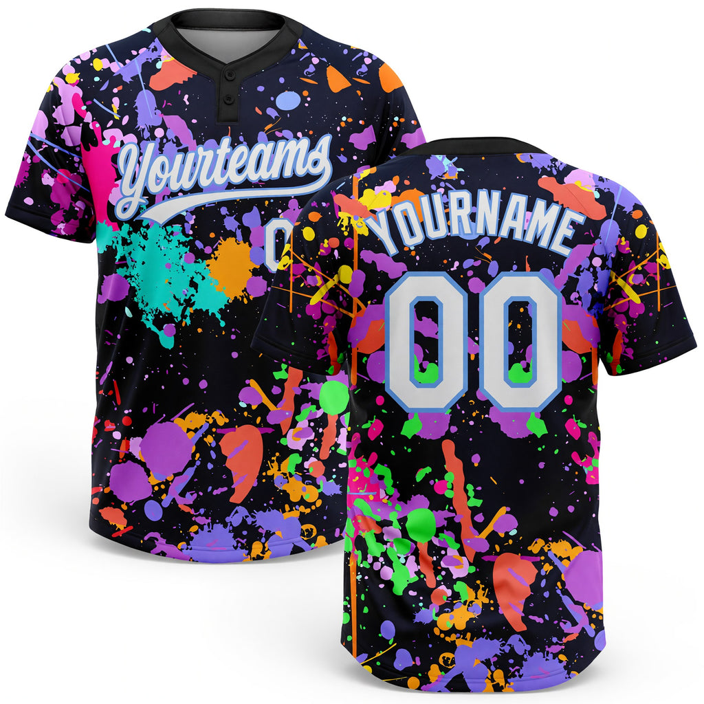 Custom Graffiti Pattern White-Light Blue 3D Two-Button Unisex Softball Jersey