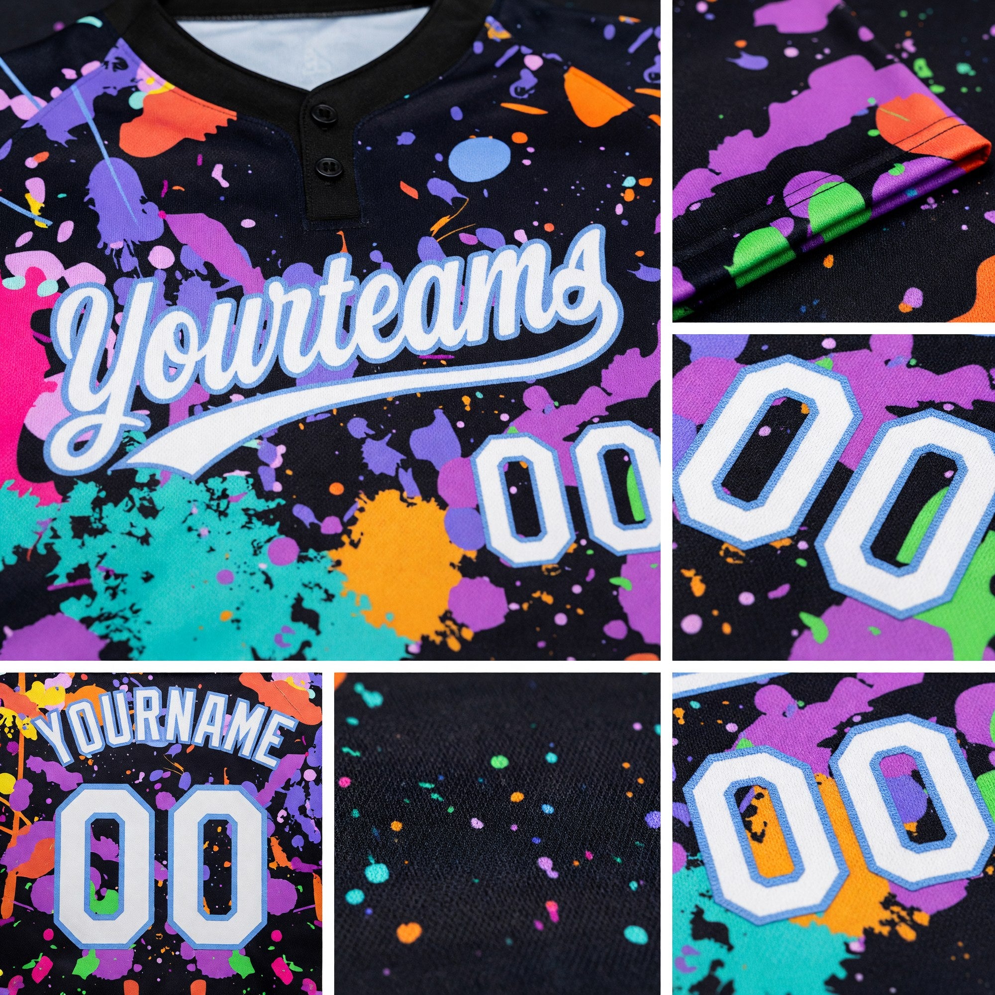 Custom Graffiti Pattern White-Light Blue 3D Two-Button Unisex Softball Jersey detail