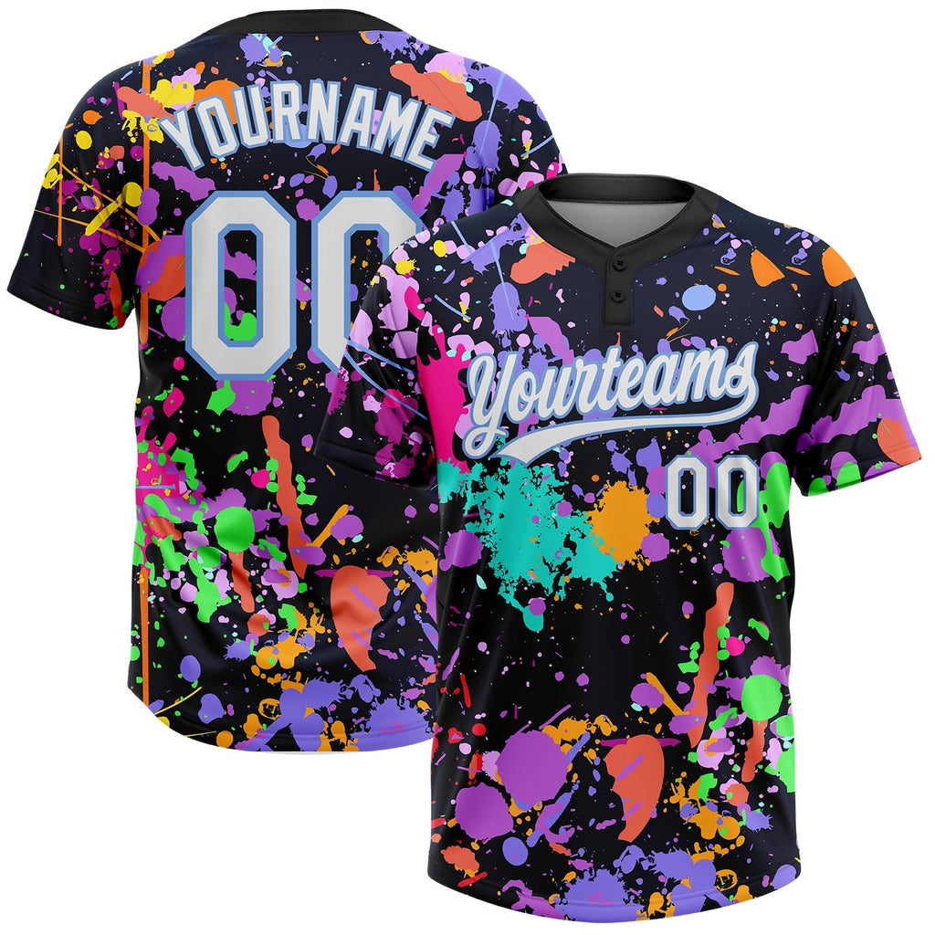 Custom Graffiti Pattern White-Light Blue 3D Two-Button Unisex Softball Jersey photo 1