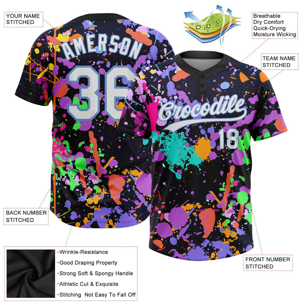 Custom Graffiti Pattern White-Light Blue 3D Two-Button Unisex Softball Jersey photo 3