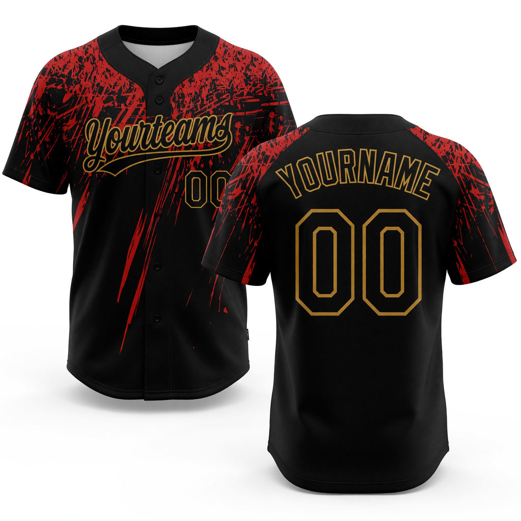Custom Black Black Red-Old Gold 3D Pattern Two-Button Unisex Softball Jersey