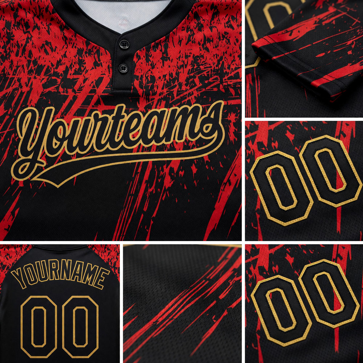 Custom Black Black Red-Old Gold 3D Pattern Two-Button Unisex Softball Jersey detail