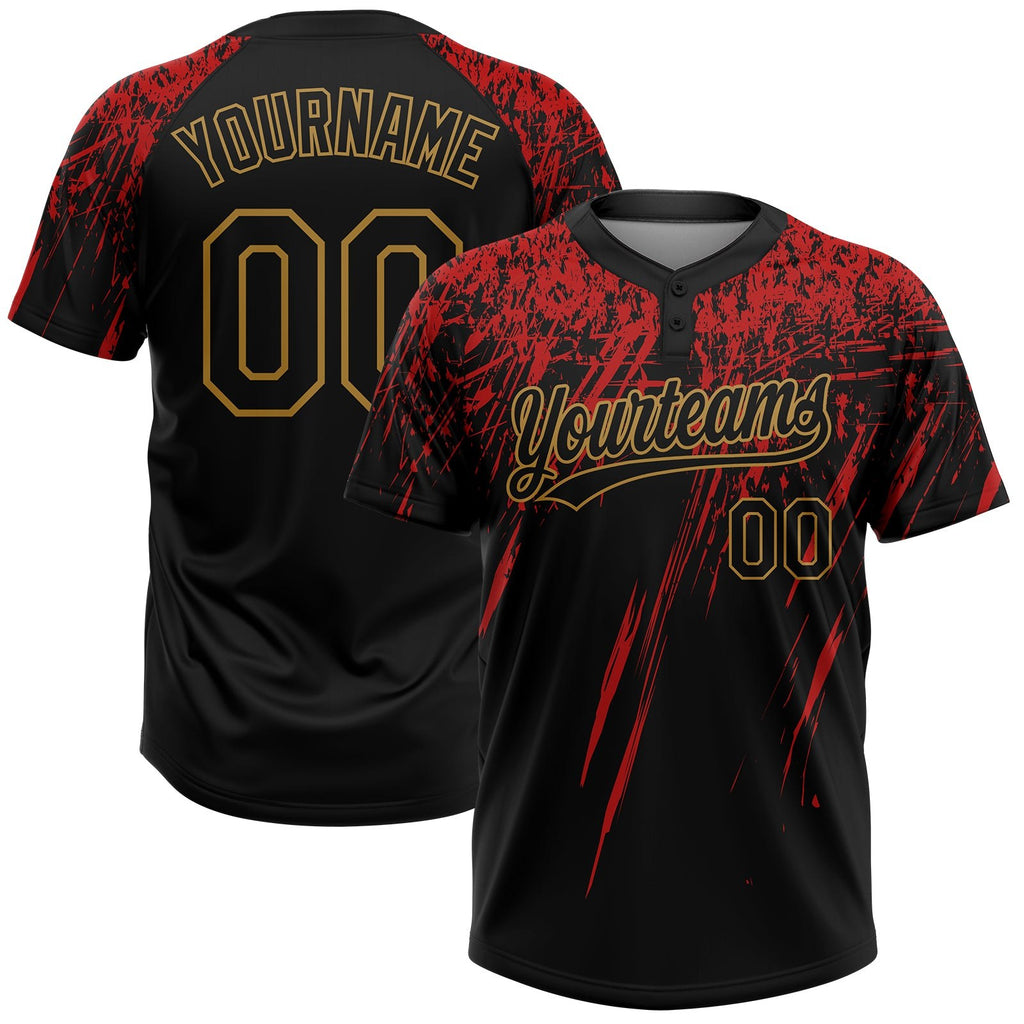 Custom Black Black Red-Old Gold 3D Pattern Two-Button Unisex Softball Jersey photo 1