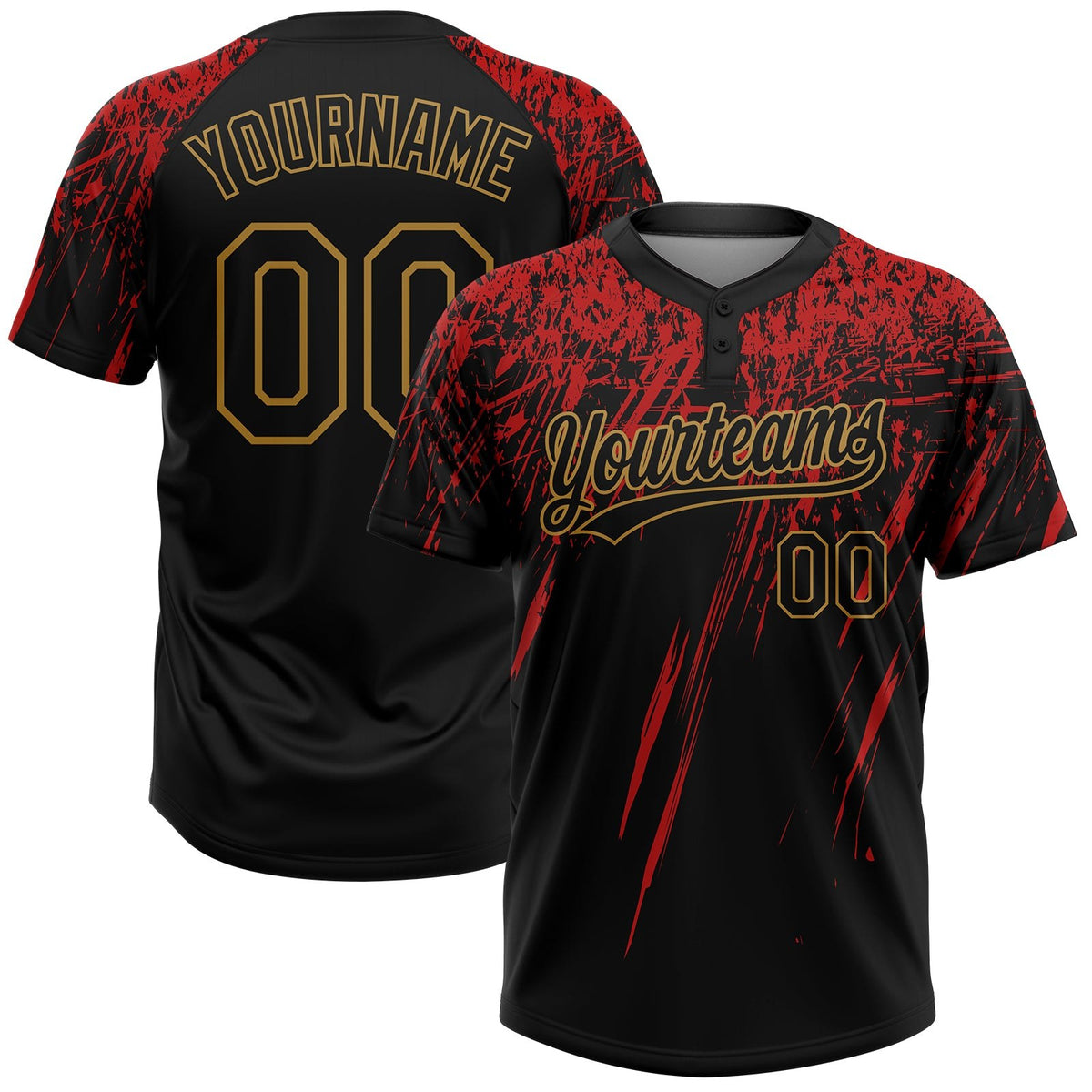 Custom Black Black Red-Old Gold 3D Pattern Two-Button Unisex Softball Jersey photo 1