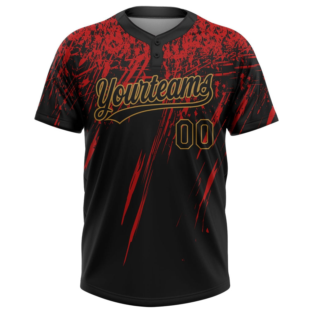 Custom Black Black Red-Old Gold 3D Pattern Two-Button Unisex Softball Jersey photo 2