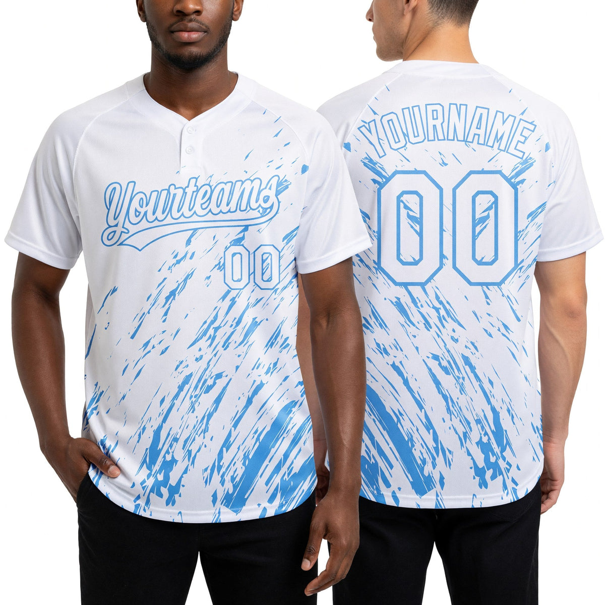 Custom White White-Light Blue 3D Pattern Two-Button Unisex Softball Jersey worn front and back