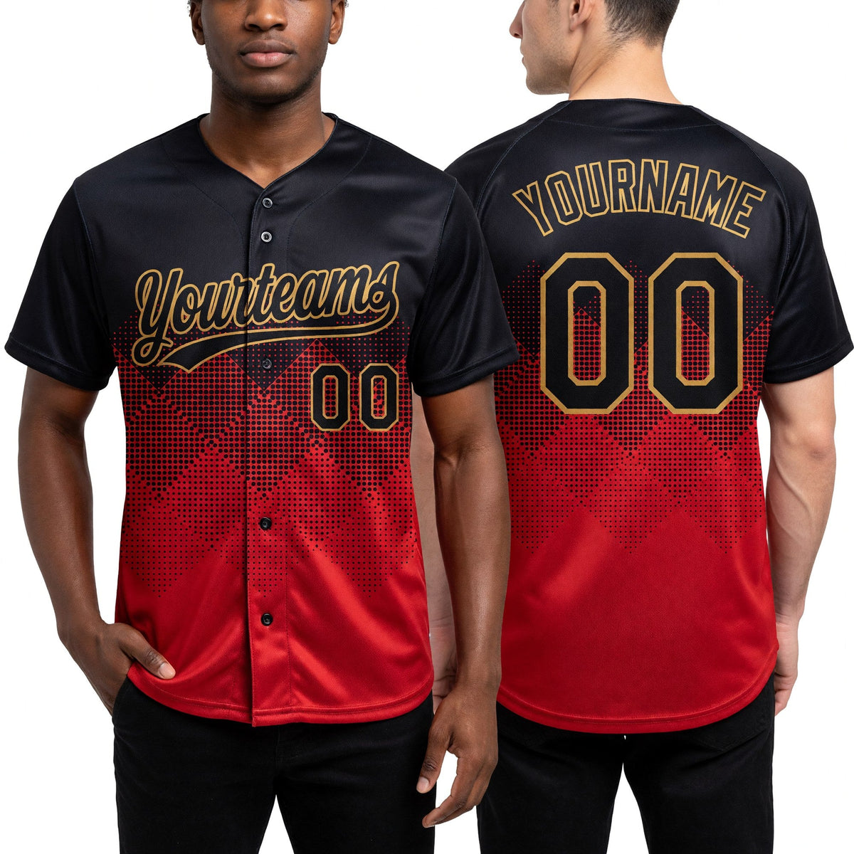 Custom Red Black-Old Gold 3D Pattern Gradient Square Shapes Two-Button Unisex Softball Jersey worn front and back