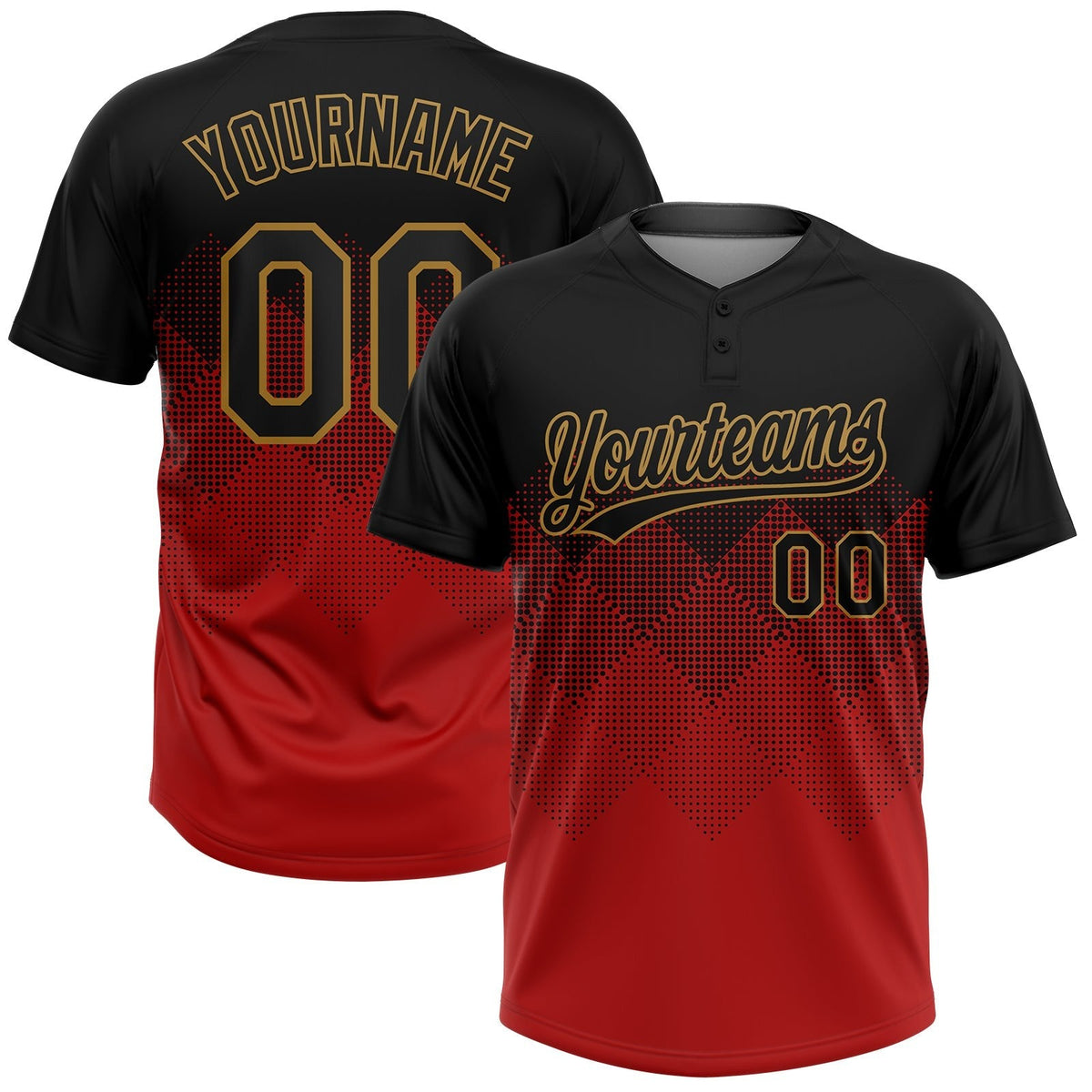 Custom Red Black-Old Gold 3D Pattern Gradient Square Shapes Two-Button Unisex Softball Jersey