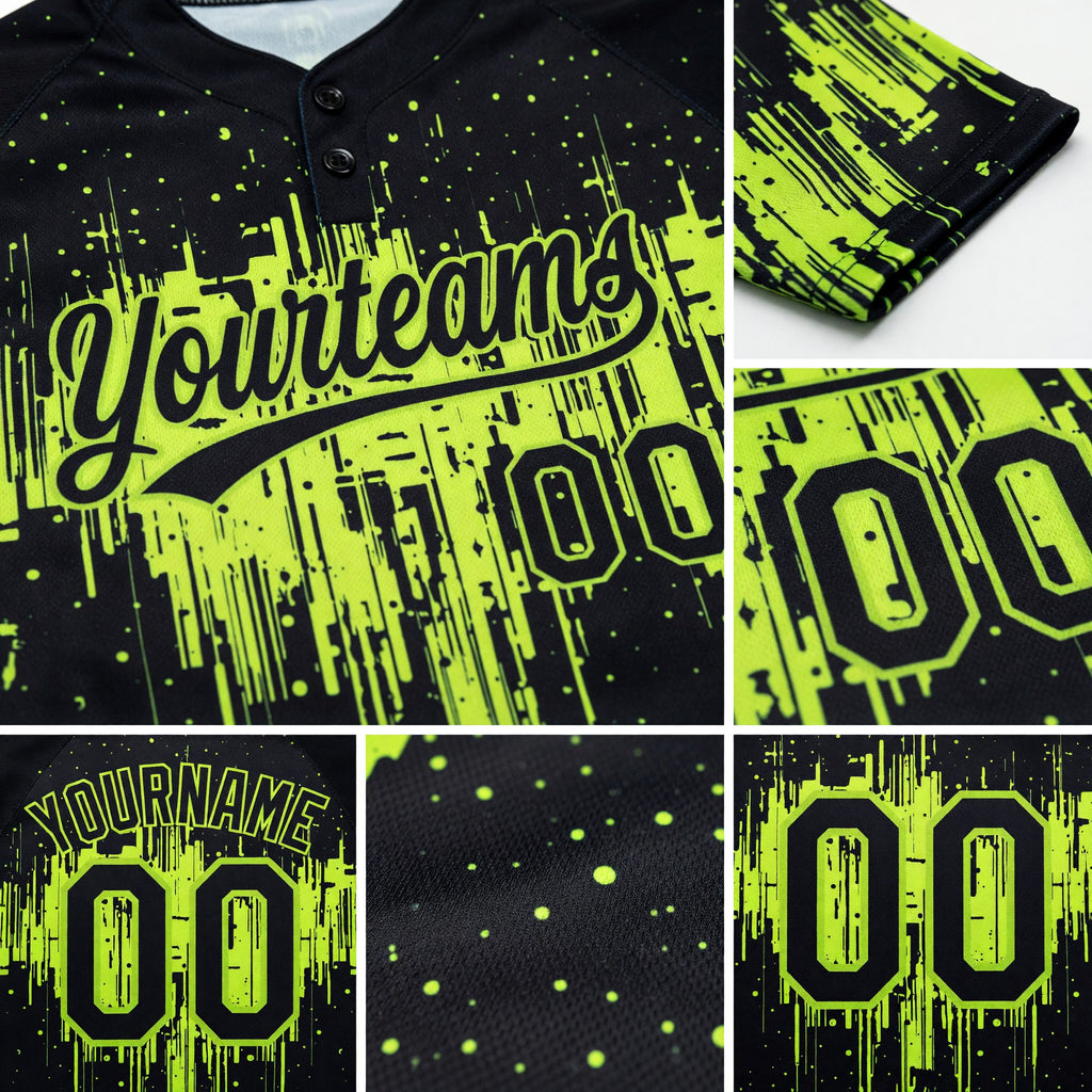 Custom Black Black-Neon Green 3D Pattern Two-Button Unisex Softball Jersey detail