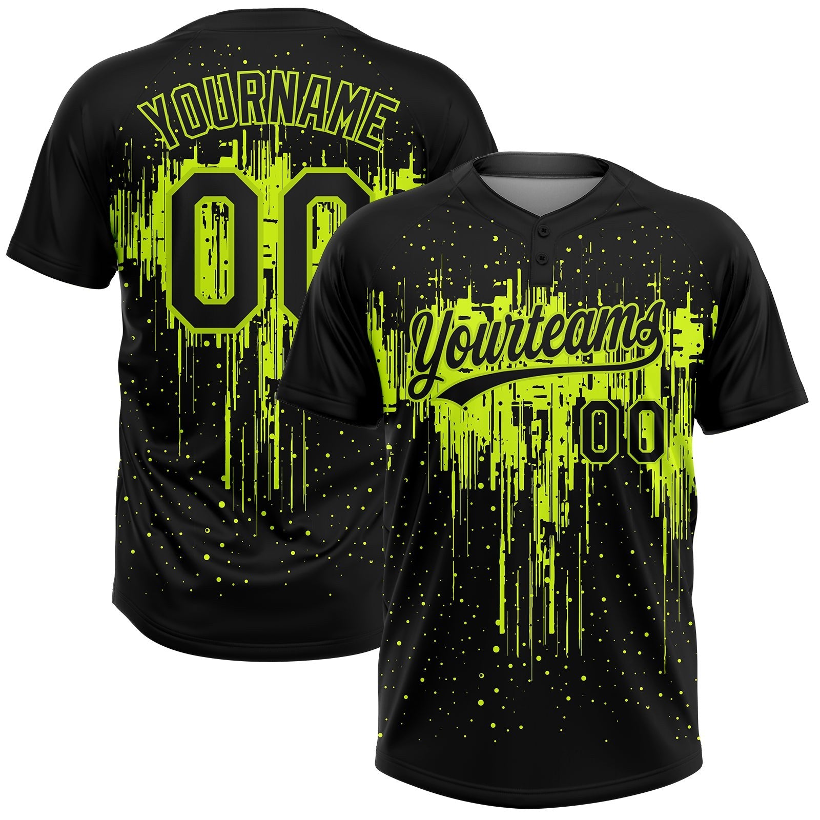 Custom Black Black-Neon Green 3D Pattern Two-Button Unisex Softball Jersey photo 1
